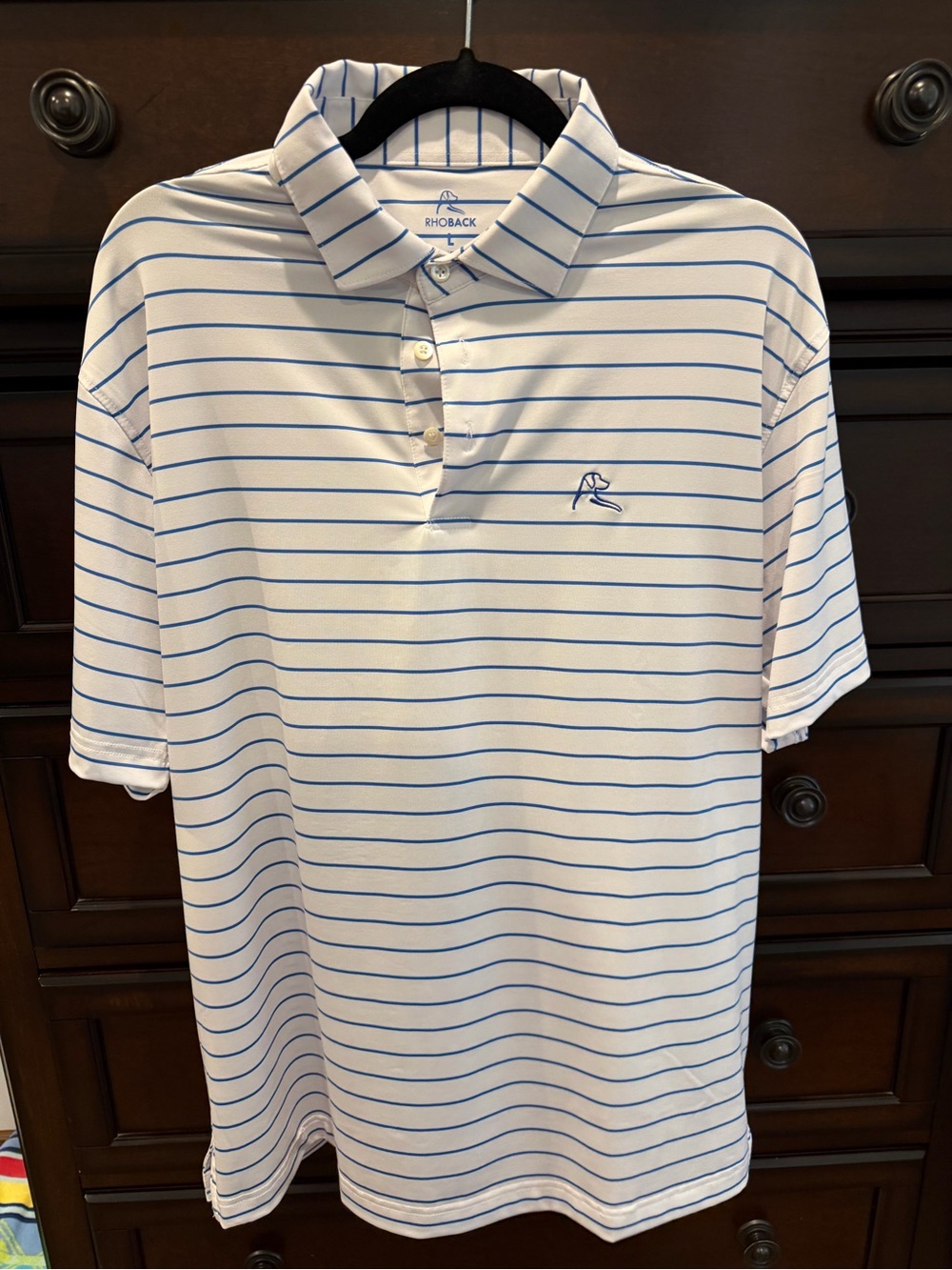 Rhoback Men’s White Polo with Blue Stripes